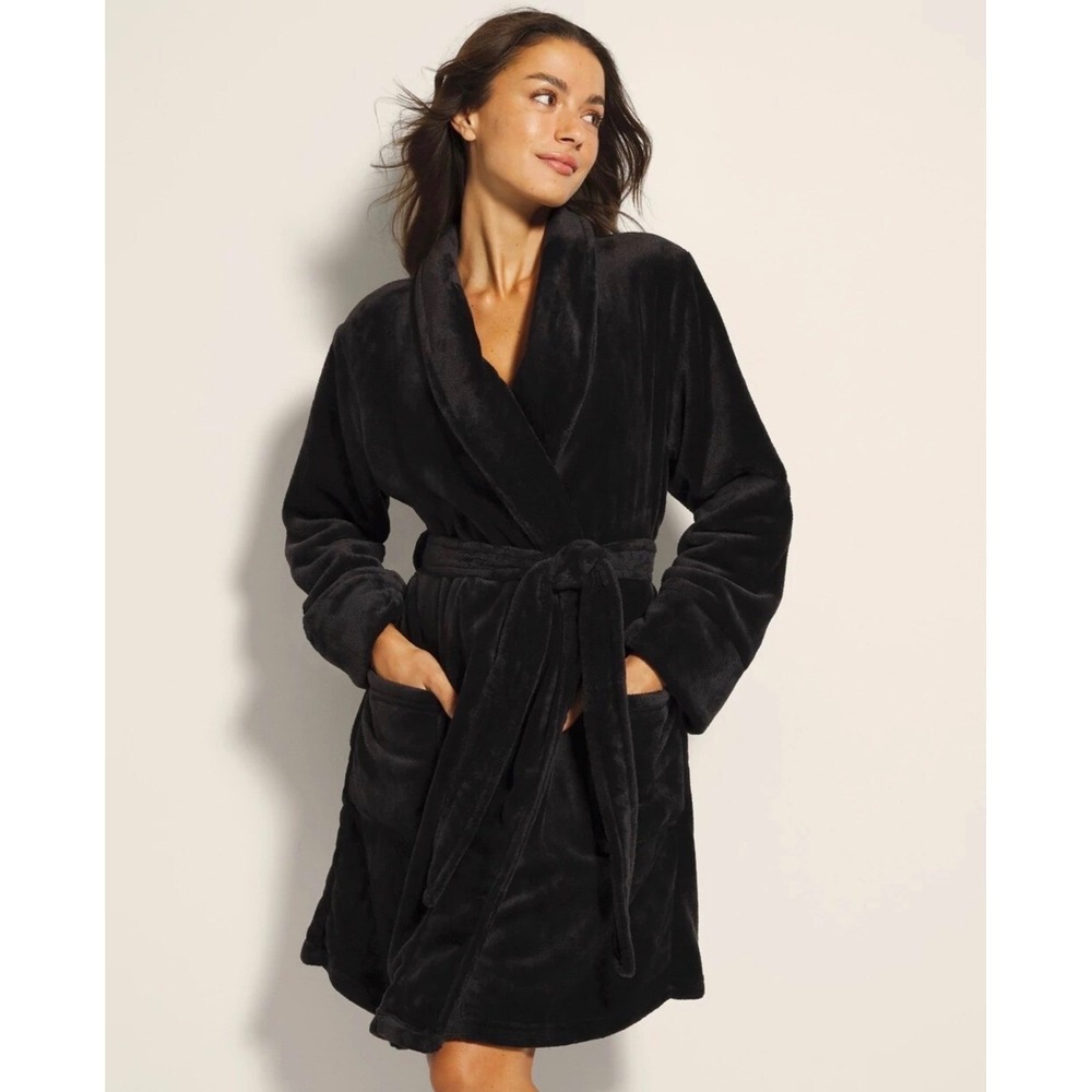 Soma Intimates Black Plush Short Robe Fleece Shawl Collar Belted L/XL